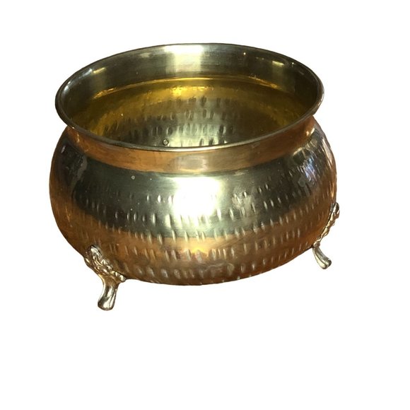 Vintage Hammered Brass Bowl Planter w Feet India Patina Cauldron 5"H 7" Diameter - Picture 2 of 12